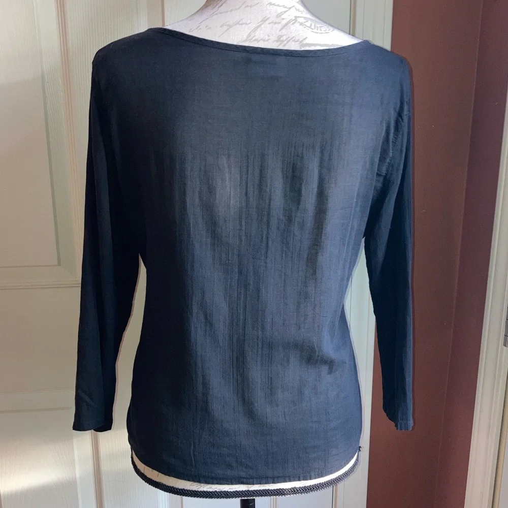 Black Sheer Lightweight Cotton Blouse Top 3/4 Sleeves by City Lights Medium - Picture 5 of 8